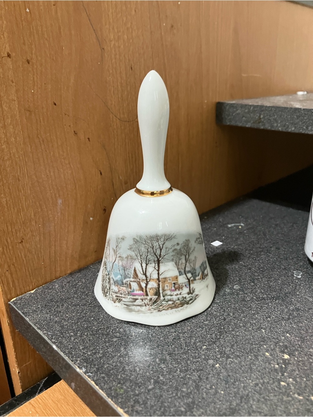 Vintage Avon Porcelain Decorative Bell with Winter Scene and Gold Trim